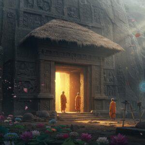 A majestic ancient rock-cut cave entrance with an elaborate arch resembling a thatched hut (chaitya), intricately carved in polished granite stone, set against a misty mountain backdrop. The entrance features precise geometric patterns and detailed Buddhist symbols carved in Mauryan-era style. A soft, ethereal golden light emanates from within the cave, creating a mysterious ambiance. In the foreground, two Buddhist monks in saffron robes stand in quiet contemplation, their forms rendered in traditional Madhubani art style with modern digital flourishes. Surrounding the cave entrance are blooming lotus flowers in deep maroon and peacock blue, their petals floating in the air. The scene is enhanced by delicate mandala patterns floating in the atmosphere, glowing with a subtle blue-gold aura. The composition includes ancient tools used by craftsmen scattered near the entrance, partially covered in morning dew. The lighting is dramatic, with early morning sun rays filtering through the mist, creating golden streaks across the scene. The overall color palette combines earthy browns and greys of the rock face with rich Indian jewel tones. Hyperrealistic 4K quality, cinematic lighting, architectural photography style.