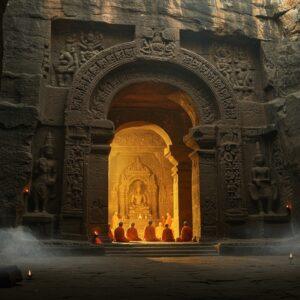 A majestic ancient rock-cut cave entrance with an elaborate curved architrave resembling bamboo or wood architecture, intricately carved in photorealistic detail. The entrance shows the distinctive elephant-headed arch of Lomas Rishi Cave with precise architectural details. Inside, golden light illuminates mysterious chambers where robed Buddhist monks in saffron garments meditate peacefully. The scene features rich, deep colors of weathered stone in earthy browns and greys, contrasting with warm golden lighting. Ethereal mist swirls at the cave entrance, creating a mystical atmosphere. Traditional Mauryan-era patterns and symbols are carved into the rock walls with photorealistic texture. The perspective draws the viewer into the cave, with dramatic lighting highlighting the architectural magnificence. Small oil lamps cast dancing shadows on the ancient walls. The style combines hyperrealistic architectural photography with ethereal spiritual elements, rendered in the manner of modern digital concept art. The scene should have a sense of timeless grandeur and spiritual significance.