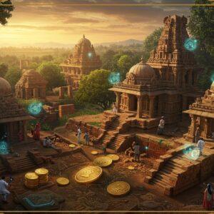 A majestic aerial view of an ancient Indian city ruins set against a dramatic sunset, featuring intricately carved Rashtrakuta-era stone temples and palatial structures emerging from dense forest. The architecture showcases detailed Eastern Chalukyan style with ornate pillars and domed roofs in weathered sandstone. In the foreground, partially buried golden artifacts and coins bearing the Rashtrakuta dynasty symbols glint in the fading sunlight. Modern archaeological tools and equipment lie scattered nearby, creating a bridge between past and present. Ethereal golden light filters through the trees, casting long shadows across the excavation site. Holographic markers and advanced scanning equipment emit soft blue glows, indicating active archaeological work. The scene is rendered in a blend of photorealistic and mystical art styles, with rich earthy tones of terracotta, deep gold, and forest green. Delicate Madhubani-style patterns frame the edges, while subtle particle effects suggest the mystical energy of the ancient site. The composition includes small groups of modern Indian archaeologists using futuristic tools to study the ruins.