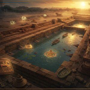 A grand aerial view of ancient Lothal's dockyard at sunset, rendered in rich earthen tones and deep indigos. The massive brick-lined basin is filled with ethereal, glowing water reflecting golden light. In the foreground, intricately detailed archaeological artifacts float and glow - including the famous Lothal seal with the unicorn motif, burnished copper tools, and delicate terracotta beads. Ancient merchant ships made of teak wood materialize as ethereal ghostly forms in the dock. The scene is framed by sweeping Madhubani-style borders featuring traditional geometric patterns in copper and gold. Spiraling around the composition are translucent layers showing archaeological excavation tools, stratigraphic layers, and museum display cases, creating a dreamlike connection between past and present. The lighting is mystical with streams of golden light filtering through, illuminating swirling dust particles. The color palette focuses on deep maroons, weathered copper greens, and rich golds. Floating lotus flowers and mandalas accent the corners. The style merges photorealistic archaeological details with surreal, spiritual elements and traditional Indian art patterns.