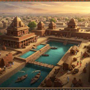 A majestic aerial view of an ancient Indian port city at sunset, featuring intricate Indus Valley architecture with precise geometric patterns and burnt-red bricks. The foreground shows a detailed dock system with a massive rectangular basin filled with turquoise water, surrounded by warehouses and granaries built in authentic Harappan style. Indian merchants in period-accurate clothing handle cargo near detailed terracotta seals and pottery. The scene includes miniature trade ships with distinctive Indus Valley designs. The background showcases sophisticated drainage systems and residential structures with precise grid layouts. The composition is enhanced with warm golden light casting long shadows, while incorporating Madhubani-style decorative elements in the borders. The color palette features deep terracotta reds, oceanic blues, and burnished golds. The scene is rendered in a harmonious blend of archaeological accuracy and artistic sophistication, with subtle glowing mandalas in the sky suggesting the spiritual significance of the site. Photorealistic digital art style with attention to historical details and architecture.