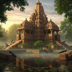 A magnificent ancient Indian temple complex emerging from lush greenery, featuring intricate Nagara-style architecture with detailed stone carvings of divine couples and celestial beings. The main temple structure rises majestically with multiple tiers, adorned with ornate sculptures in traditional Kamasutra art style. The scene is bathed in golden hour sunlight, creating dramatic shadows across the weathered stone surfaces. In the foreground, a serene pond reflects the temple's image, surrounded by blooming lotus flowers and fallen temple ruins. Mystical fog weaves through the ancient stones, while peacocks grace the temple steps. The architectural details show precise Khajuraho-style carvings on the walls, with elaborate geometric patterns and floral motifs. The color palette includes warm sandstone hues, deep forest greens, and touches of gold from the setting sun. The atmosphere is mysterious and romantic, with soft light filtering through old banyan trees. Photorealistic digital art style with attention to archaeological accuracy and architectural details, enhanced with ethereal lighting effects and rich textures.