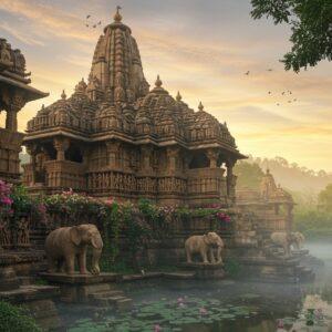 A majestic ancient stone temple complex emerging from mist-covered hills, featuring intricately carved erotic sculptures in Khajuraho style along its walls. The main temple structure shows detailed North Indian Nagara architecture with multiple sikharas rising dramatically against a mystical dawn sky with soft golden and pink hues. In the foreground, several carved stone elephants and mythological figures stand guard. Delicate stone latticework windows cast intricate shadows while flowering vines gracefully drape over weathered stones. The scene is illuminated by warm, ethereal morning light filtering through trees, creating a mysterious atmosphere. The architectural details show precise Kamasutra-inspired relief work in traditional Indian temple architectural style. The surrounding landscape features lush greenery with blooming lotus ponds reflecting the temple's grandeur. Art style combines hyperrealistic architectural photography with ethereal fantasy elements, enhanced by golden hour lighting and atmospheric effects. The overall composition emphasizes both the temple's historical significance and its artistic beauty, with careful attention to accurate architectural details of the Madan Kamdev temple period.