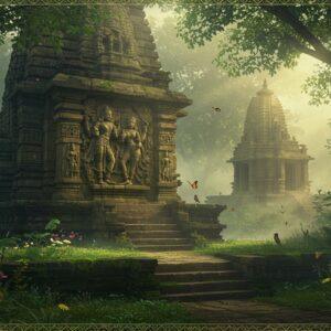 An ancient stone temple complex emerging from misty hills in Assam, featuring intricate Nagara-style architecture with detailed carvings of celestial dancers and mythological scenes. The central focus is a magnificently carved stone panel showing Lord Kamadeva and Rati in traditional postures, surrounded by blooming lotus flowers and traditional Assamese motifs. The scene is bathed in golden morning light filtering through banyan trees, creating a mystical atmosphere. In the foreground, stone steps adorned with traditional Assamese geometric patterns lead up to the temple. The color palette includes deep earth tones, moss greens, and warm golden highlights. Delicate butterflies and birds hover near flowering plants typical to Assam. The art style combines photorealistic textures with ethereal lighting and traditional Indian artistic elements, incorporating Madhubani-style decorative borders and patterns. The scene captures both the archaeological significance and the spiritual essence of the site, with subtle hints of mist creating a dreamy, timeless quality.