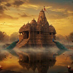 A grand, ethereal panorama of Madhya Pradesh's iconic Khajuraho temples at sunset, intricately detailed with ornate carvings and sculptures, emerging from a misty golden background. The foreground features a serene lotus pond reflecting the temples, with floating diyas creating gentle light reflections. Traditional Madhubani-style peacocks with elaborate feather patterns grace the temple steps. The scene includes towering ancient trees wrapped in prayer threads, while the sky displays a magical blend of deep saffron and twilight blue. Soft glowing orbs of light float around the temple spires. The architectural details showcase traditional Nagara-style temple architecture with detailed shikhara towers. The composition incorporates delicate mandala patterns in the clouds, with rays of golden light filtering through them. The artwork style merges photorealistic temple architecture with mystical Indian art elements, featuring a rich color palette of deep maroons, royal blues, and burnished golds. Ethereal fog swirls around the temple base, creating an atmosphere of divine mystery. An ancient stone pathway lined with traditional oil lamps leads to the temple entrance.