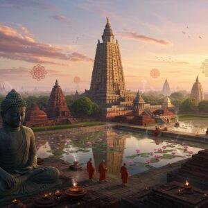 A majestic aerial view of ancient Magadha kingdom at sunrise, featuring the grand Mahabodhi Temple's golden spire gleaming in morning light, surrounded by blooming lotus pools. In the foreground, a serene Buddha statue in meditation pose, crafted in traditional Mauryan style polished black stone, emanating a subtle golden aura. The landscape includes intricate Madhubani-style patterns depicting key historical elements - the Nalanda University's architectural marvels, Ajatashatru's palace, and Buddhist stupas. Floating spiritual symbols and mandalas in rich maroon and peacock blue create a mystical atmosphere. The scene is enhanced with soft-glowing diyas, prayer flags, and incense smoke trails forming ethereal patterns. A group of monks in saffron robes walking on an ancient stone path, their reflection visible in the still water bodies. The sky features subtle watercolor effects in pastel pink and gold, with traditional Pattachitra-style clouds. The entire composition balances historical accuracy with spiritual symbolism, rendered in a modern digital art style with rich textures and atmospheric lighting.