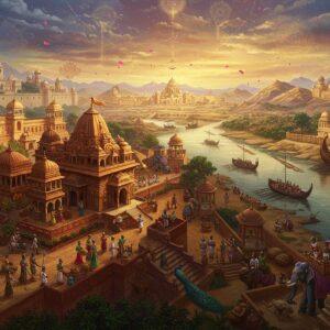 An epic panoramic view of ancient Indian kingdoms, featuring four distinct royal courts merging into one sweeping landscape. In the foreground, the majestic Magadha palace with its distinctive architecture in deep maroon and gold, adorned with peacock motifs and lotus emblems. To the left, the Vajji confederacy represented by multiple smaller interconnected pavilions in saffron and ivory. On the right, Anga's naval power shown through ships with elaborate designs on a riverbank. In the background, Avanti's hillside fortresses in warm ochre tones. The scene includes Indian traders in period-accurate clothing exchanging goods, warriors with traditional weapons, and royal elephants decorated with ornate howdahs. The artwork combines Pattachitra's intricate detailing with modern digital art techniques, featuring rich jewel tones, metallic accents, and dramatic lighting. Ethereal golden threads symbolically connect all kingdoms, while subtle mandalas float in the sky. The composition shows detailed architectural elements like stepped wells, elaborate pillars, and carved archways. The overall scene is viewed through a mystical, surreal lens with glowing edges and floating lotus petals, creating a dreamlike quality while maintaining historical accuracy.