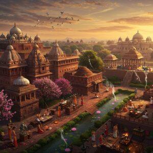 A majestic aerial view of ancient Magadha kingdom during sunset, featuring the grand Nalanda University complex with its distinctive red brick architecture and multiple-storied buildings in the foreground. Intricate Madhubani-style patterns seamlessly blend into the architecture. The scene shows scholars in ancient Indian attire studying under flowering tree courtyards. In the middle ground, skilled artisans craft detailed bronze sculptures and delicate silk textiles in traditional workshops. The background reveals the magnificent royal palace with ornate pillars, carved elephants, and peacock motifs, surrounded by lotus-filled ponds. Golden light bathes the scene, creating dramatic shadows. Flying birds form traditional mandala patterns in the sky. The entire composition is rendered in rich jewel tones - deep maroons, royal blues, and burnished golds, with ethereal glowing elements highlighting key architectural features. Floating lotus petals and incense smoke add a mystical quality. The art style combines hyperrealistic architectural details with stylized Indian miniature painting elements, creating a seamless blend of historical accuracy and magical realism. 8k resolution, cinematic lighting, photorealistic texturing.