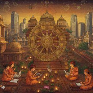 A majestic amalgamation of ancient and modern Indian cityscape, where a grand ancient Magadhan palace with ornate pillars and Buddhist-style architecture seamlessly transitions into modern glass skyscrapers. The foreground features detailed Madhubani-style artwork showing ancient Indian scholars in traditional attire discussing texts, while their silhouettes morph into modern professionals with laptops. Central to the image is a large dharma wheel in gold, half ancient and weathered, half gleaming and modern. Rich cultural motifs include lotus flowers, peacocks, and traditional patterns in deep saffron, royal blue, and burgundy. The scene is illuminated by both traditional oil lamps and modern street lights, creating a mystical atmosphere. Ancient trade routes depicted in traditional Pattachitra style transform into modern highways. The sky features subtle mandalas and cosmic patterns in soft pastels, symbolizing the eternal wisdom flowing from past to present. Intricate details showcase meditation practices, ancient sciences, and administrative systems that mirror modern governance.