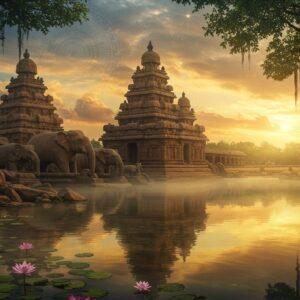 An ancient, intricately carved Shore Temple of Mahabalipuram emerging from golden morning mist, reflected in still waters, with dramatic sunrise behind it casting long shadows. The temple's spires are detailed with traditional Pallava architecture, showing weathered granite in warm grey tones. In the foreground, the famous Arjuna's Penance rock relief panel curves gracefully, depicting flowing water and celestial beings. Several stone elephants in life-like poses stand guard. Ethereal light streams through gaps in clouds, creating divine rays that illuminate the scene. The composition includes delicate lotus flowers floating in the foreground water, their petals in soft pink and white. The sky features mystical swirling patterns in peacock blue and saffron, reminiscent of traditional Indian art. The scene is framed by ancient banyan trees with hanging roots. Intricate mandala patterns appear as subtle overlays in the sky, giving a spiritual dimension. Art style merges hyperrealistic architectural details with dreamy, ethereal lighting and traditional Indian artistic elements. The overall mood is mysterious, spiritual, and timeless, with a color palette of deep gold, ocean blue, warm greys, and soft morning pastels.