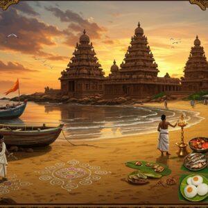 A panoramic digital artwork showcasing the Shore Temple of Mahabalipuram silhouetted against a vivid sunset sky with hues of orange and purple, reflected in calm waters. In the foreground, a detailed scene of a traditional Tamil fishing village comes alive - weathered wooden boats adorned with colorful flags rest on golden sand, while fishermen in traditional dhotis cast nets. To the right, a modern beach-side restaurant setup with banana leaf meals, fresh grilled fish, and steaming idlis arranged on banana leaves. The scene integrates Pallava-style architectural elements like intricate stone carvings and mandapas. Local women in bright Kanchipuram sarees are seen creating elaborate kolam patterns near the shore. The artwork style combines hyperrealistic textures with traditional Indian Tanjore painting elements, featuring metallic gold accents and gem-like colors. Soft ethereal lighting bathes the scene, while detailed patterns inspired by Tamil temple architecture frame the composition. The atmosphere captures both ancient grandeur and contemporary coastal life, with seabirds soaring overhead against dramatic clouds.
