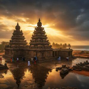 A breathtaking aerial view of Mahabalipuram's Shore Temple during golden hour, with dramatic sun rays filtering through storm clouds, casting ethereal lighting on the ancient granite structures. The temple's pyramidal towers are intricately detailed with traditional Pallava architecture, reflecting in a rain-washed foreground. In the mid-ground, the famous Arjuna's Penance rock relief emerges from a misty background, its detailed carvings visible with flowing water elements. The scene is framed by modern Indian tourists in contemporary clothing exploring the site, providing scale and relevance. The color palette features deep oranges, moody grays, and rich earth tones, with selective golden highlights on the wet stones. The composition includes strategic placement of towering palm trees and the Bay of Bengal's turquoise waters in the distance. Art style combines hyperrealistic digital photography with subtle traditional Indian artistic elements, particularly in the sky treatment and light effects. The atmosphere is mystical yet inviting, with light volumetric fog adding depth and dimension, cinematic color grading, high-end commercial photography quality, shot with ultra-wide angle lens.