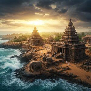 A magnificent aerial view of Mahabalipuram's Shore Temple during golden hour, with intricate Pallava architecture detailed in photorealistic detail, surrounded by crashing turquoise waves. The foreground features ancient stone-carved elephants and mystical rathas emerging from sand, weathered by time. Rays of sunlight pierce through dramatic storm clouds, creating divine spotlights on the temples. The scene extends to reveal hidden shrines nestled in lush tropical foliage, with carved boulder formations and mystical caves in the background. Small silhouettes of traditional Indian pilgrims explore the paths between temples. The atmosphere is ethereal with sea mist, creating a dreamy haze around the structures. The color palette combines deep ocean blues, warm sandstone browns, and touches of gold from the setting sun. The art style merges hyperrealistic architectural details with traditional Pallava art motifs, featuring intricate mandala patterns in the sky. Hidden caves and rock formations are illuminated by an otherworldly glow, suggesting undiscovered mysteries. The composition should be cinematic and expansive, showcasing the grandeur of the ancient port city, 8k resolution, architectural photography, ultra-detailed.