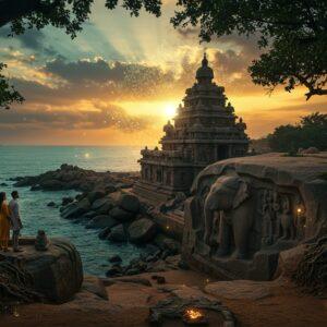 A stunning aerial view of Mahabalipuram's Shore Temple silhouetted against a dramatic sunrise, with golden-orange sun rays filtering through mystical clouds. The temple's intricate Dravidian architecture is enhanced with glowing mandala patterns floating around it. In the foreground, a beautifully detailed stone elephant carved in traditional Pallava style emerges from a carved rock face. The scene is surrounded by the turquoise Bay of Bengal with gentle waves creating circular patterns. Ancient banyan trees frame the composition, their roots intertwining with scattered granite boulders. A modern Indian couple in contemporary clothing (the man in crisp linen shirt and pants, woman in flowing kurti) stands on a viewing point, looking at the magnificent scene. Small, ethereal lights resembling fireflies float around, creating a magical atmosphere. The art style combines hyperrealistic architectural details with dreamy, surreal elements, using a color palette of deep teals, burnt orange, gold, and soft purple hues. The entire scene is rendered in a style that merges traditional Pattachitra art patterns with modern digital techniques, creating a serene yet dramatic mood.