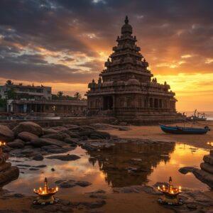 A stunning wide-angle shot of Mahabalipuram's Shore Temple silhouetted against a dramatic sunset sky with deep oranges and purples, reflected in rain-washed granite stones in the foreground. The temple's intricate Dravidian architecture is highlighted with golden rim lighting. To the left, a modern luxury resort with infinity pool seamlessly blends with the ancient landscape, while to the right, traditional beach cottages and local fishing boats dot the shoreline. Ethereal mist partially shrouds the base of the temple, creating a mystical atmosphere. In the foreground, two paths diverge - one decorated with traditional brass lamps and jasmine flowers, another with modern LED lighting. The scene features intricate Pallava-style carved elephants and mythological figures in the corners, rendered in a combination of traditional Mahabalipuram sculptural style and modern digital art aesthetic. The lighting is cinematic with god rays piercing through clouds, illuminating both the ancient and modern elements. The color palette includes deep sea blues, sandy golds, weathered greys of ancient stones, and warm sunset hues. Hyperrealistic digital art style with atmospheric perspective.