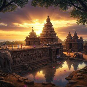 A magnificent aerial view of Mahabalipuram's Shore Temple silhouetted against a dramatic sunset sky with deep orange and purple hues, reflecting in the Bay of Bengal waters. The temple's intricate Dravidian architecture is enhanced with a ethereal golden glow. In the foreground, the famous Arjuna's Penance rock relief panel stretches across, its detailed carvings of gods, humans, and animals rendered in the Pallava style with incredible detail. The Pancha Rathas stand majestically to the right, each monolithic structure carved from single rocks, surrounded by mystical blue mist. Ancient banyan trees frame the scene, their aerial roots creating natural archways. Stone elephants and lions, intricately carved, guard the structures. The lighting is dramatic with golden sun rays piercing through clouds, creating light beams that illuminate the ancient structures. The scene combines both Madhubani-style decorative patterns in the sky and water, with realistic architectural details. Small groups of visitors in traditional Indian attire provide scale to the massive structures. The atmosphere is mystical with subtle floating lotus petals and peacocks perched on the temple tops.