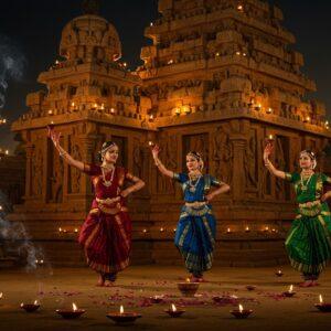 A mesmerizing nighttime scene at the ancient Shore Temple of Mahabalipuram, illuminated by warm golden lights and traditional oil lamps. In the foreground, three graceful Indian classical dancers in vibrant silk bharatanatyam costumes (deep maroon, royal blue, and emerald green) perform dynamic poses against the temple backdrop. Their jewelry glints in the light, with traditional temple jewelry and bells on their ankles. The temple architecture is intricately detailed with carved relief sculptures, showing the traditional Pallava style. Moonlight creates dramatic shadows while small floating diyas in the foreground create a magical atmosphere. The scene is enhanced by ethereal swirls of incense smoke and scattered flower petals. The dancers' expressions are serene and focused, captured mid-movement with flowing motion lines. The style combines hyperrealistic architectural details with a dreamy, artistic quality. The color palette features deep jewel tones contrasting with the warm golden temple lighting. Secondary dancers in softer focus perform in the background, creating depth. The overall composition suggests movement, tradition, and timeless beauty.