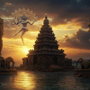 A majestic panoramic view of Mahabalipuram's Shore Temple silhouetted against a dramatic sunset sky in deep oranges and purples, with ethereal golden light filtering through clouds. The temple's intricate Dravidian architecture is detailed with historical accuracy, showing its five-storied vimana. In the foreground, ancient stone-carved elephants come alive with a magical glow, their details enhanced with Pallava-era artistic motifs. A larger-than-life representation of Lord Shiva as Shiva Nataraja dances in a translucent, spiritual form above the temple, with cosmic rings and mandalas surrounding him, his four arms holding damaru, agni, abhaya mudra, and gajahasta pose. The ocean waves below reflect the golden light, with intricate Mandala patterns forming in the water. The scene is framed by two massive relief sculptures of divine beings from the Descent of the Ganges panel, their stone forms seeming to breathe with spiritual energy. The entire composition is rendered in a style merging traditional Pallava stone carving aesthetics with modern digital art techniques, using a color palette of deep maritime blues, ancient stone greys, and spiritual gold accents. Atmospheric mist adds depth and mystery to the scene, with subtle threads of light connecting the architectural elements to suggest the flow of spiritual energy.