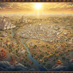 A stunning aerial view of ancient Hastinapur kingdom at golden hour, featuring intricate Madhubani-style architectural details with towering white marble palaces and golden spires. In the foreground, a detailed topographical map crafted in traditional Pattachitra style shows the kingdoms of Indraprastha, Dwaraka, and Panchal, connected by ancient trade routes glowing with ethereal light. Sacred rivers Ganga and Yamuna flow through the landscape in shimmering blue and silver. The borders feature ornate mandala patterns incorporating symbols of the major kingdoms - the elephant of Hastinapur, the wheel of Dwaraka, and the fire altar of Indraprastha. Mystical clouds in peacock blue and saffron swirl above, casting dynamic shadows. The scene is rendered in a harmonious blend of realistic 3D modeling and traditional Indian art, with rich jewel tones of royal blue, gold, and deep maroon. Small details include ancient warriors on chariots, royal pavilions, and forest hermitages dotting the landscape. The lighting creates a divine, surreal atmosphere with soft golden rays illuminating key locations, while maintaining geographic accuracy to the epic's description.