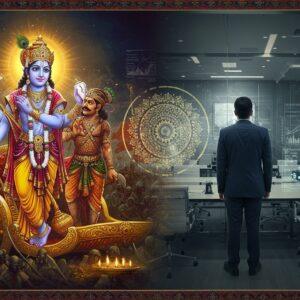 A majestic split-screen composition showing ancient and modern leadership - On the left, Krishna in royal blue attire with golden ornaments stands beside Arjuna in a golden chariot on the Kurukshetra battlefield, their poses commanding and dignified. Krishna's four hands hold the conch, chakra, lotus and mace. On the right, a contemporary Indian business leader in a sleek navy suit stands at the helm of a modern glass-and-steel boardroom. The scenes are connected by an intricate golden mandala pattern flowing between them. The lighting is dramatic with divine rays illuminating both scenes. Traditional Madhubani-style patterns adorn the borders, featuring peacock motifs and geometric designs in deep maroon and royal blue. The modern side shows holographic displays with data visualization in warm gold tones. The overall composition has a surreal, ethereal quality with subtle lotus motifs floating in the background. Both leaders mirror each other's confident poses, symbolizing timeless wisdom. The art style combines hyperrealistic digital rendering with traditional Indian artistic elements, creating a seamless blend of ancient and contemporary aesthetics.