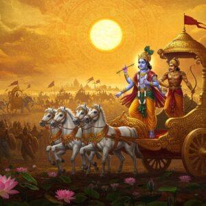 A dramatic battle scene depicting the climactic moment of Kurukshetra war, with Lord Krishna and Arjuna in the foreground on a golden chariot drawn by four white horses. Krishna, with his divine blue complexion, holds his Sudarshan chakra in his upper right hand and conch in upper left, while gesturing teachings with his lower hands. Arjuna stands in traditional warrior pose, holding Gandiva bow. Behind them, a massive artistic battlefield stretches with intricate Madhubani-style patterns forming soldiers, elephants, and chariots in silhouette. The sky features a large mandala sun in deep saffron, casting divine rays. Swirling ethereal patterns in peacock blue and gold create a cosmic atmosphere. The scene combines photorealistic characters with traditional Indian art patterns. Subtle lotus motifs float in the foreground. The lighting is dramatic with golden hour warmth, creating a mystical atmosphere. The overall composition balances the gravity of war with spiritual enlightenment, rendered in a modern digital art style while maintaining traditional Indian artistic elements.