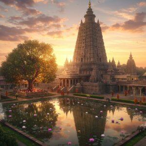 A majestic aerial view of the Mahabodhi Temple during golden hour, its 55-meter spire rising dramatically against a ethereal sky filled with soft pink and orange clouds. The temple's pyramidal structure is rendered in intricate detail with traditional Buddhist architectural elements, featuring elaborate carvings and gilded accents. In the foreground, the sacred Bodhi tree's leaves shimmer with an otherworldly golden glow, with rays of light filtering through its branches. The temple's reflection appears in a serene pond dotted with floating lotus flowers in pink and white. Small groups of monks in saffron robes circumambulate the temple, creating a sense of scale and movement. The surrounding temple complex shows detailed geometric patterns and mandalas in the courtyard, with incense smoke creating mystical swirls in the air. The scene combines photorealistic architecture with magical realism elements, rendered in a style blending traditional Indian miniature painting techniques with modern digital art aesthetics. Soft volumetric lighting emphasizes the temple's architectural details while creating a spiritual atmosphere.