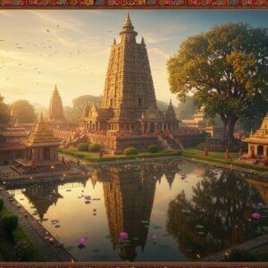 A majestic aerial view of the illuminated Mahabodhi Temple during golden hour, its iconic 180-foot spire adorned with intricate Buddhist architectural details and gold-leaf accents. The temple is surrounded by blooming lotus gardens and meditation spots with monks in saffron robes. The foreground features a serene reflection pool mirroring the temple structure, with floating lotus flowers and butter lamps. Sacred Bodhi tree with golden leaves stands prominently to the right, its branches extending gracefully. Soft ethereal light streams through morning mist, creating a mystical atmosphere. Background shows smaller shrines and walking paths lined with prayer flags. The scene combines hyperrealistic architectural details with dreamy, spiritual elements in rich colors of deep maroon, gold, and peaceful blues. Traditional Madhubani-style border patterns frame the scene with Buddhist symbols and motifs. Photorealistic render with cinematic lighting and atmospheric depth.