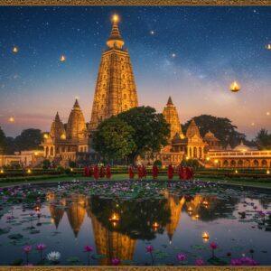 A majestic aerial view of the Mahabodhi Temple complex at twilight, illuminated by warm golden lights, with the main pyramidal spire reaching towards a cosmic sky filled with ethereal stars and swirling mandala patterns. The temple's reflection shimmers in a serene lotus pond in the foreground, surrounded by blooming pink and white lotus flowers. The sacred Bodhi tree stands prominently, its leaves creating intricate shadows on the temple walls, with golden light filtering through its canopy. Monks in saffron robes circumambulate the temple, creating trails of soft light. The temple's architecture features detailed carved reliefs in traditional Gupta style, with ornate spires and ancient Buddhist motifs glowing with a subtle divine aura. The scene incorporates elements of Pattachitra art style in the border details, showing episodes from Buddha's enlightenment. The atmosphere is mystical with floating butter lamps, their flames creating a warm glow against the deep blue twilight sky. The UNESCO symbol appears as a subtle, ethereal watermark in the corner, rendered in golden light. Digital art style with photorealistic details, enhanced with magical lighting effects and a dreamy, spiritual atmosphere.