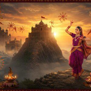 A majestic panoramic scene of Maharashtra's cultural essence, featuring a grand Maratha fortress (inspired by Raigad) perched on a mountain summit at sunset, with saffron flags flowing in the wind. In the foreground, a graceful Indian woman in a traditional Maharashtrian Nauvari saree (in rich purple and gold) performs Lavani dance, her hands adorned with alta and bangles. Around her, intricate Warli art patterns float and animate in golden light. The scene includes symbolic elements: a peacock-blue Paithani silk drape flowing through the air, strings of marigold and jasmine flowers, and glowing diyas. The background features a blend of architectural marvels - the Ajanta caves, with their detailed carvings, and the Gateway of India emerging from ethereal mist. The lighting is warm and mystical, with soft golden rays filtering through clouds, creating a dreamy atmosphere. The art style combines hyperrealistic digital details with traditional Madhubani patterns in the borders. Small vignettes show Ganesh festival celebrations with stylized mandalas. The color palette focuses on deep maroon, saffron, peacock blue, and gold, with intricate patterns and cultural motifs seamlessly blended into the composition.