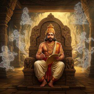 A regal Indian king in traditional Pallava attire seated on an ornate stone throne within a grand 7th-century Tamil architectural setting, surrounded by intricate cave temple carvings characteristic of Mahabalipuram. He holds a palm leaf manuscript in one hand and a stylus in the other, while floating around him are ethereal, glowing visualizations of Sanskrit plays and poetry. The scene features detailed Pallava-era architectural elements with mandala patterns and sculptural reliefs. Multiple ghostly images of dancers, musicians, and actors perform scenes from "Mattavilasa Prahasana" in a dreamy, translucent style. The lighting is dramatic with warm golden rays filtering through stone pillars, creating a mystical atmosphere. The king wears elaborate period-accurate jewelry and a distinctive Pallava crown. In the background, half-finished rock-cut temples emerge from stone cliffs, symbolizing his architectural innovations. The art style combines classical Indian temple art with modern digital fantasy elements, using a rich color palette of deep maroons, royal blues, and burnished golds. Hyperrealistic details in the king's face and hands contrast with the ethereal, artistic elements surrounding him.