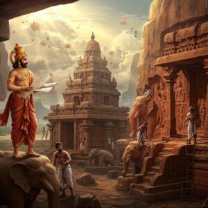 A majestic Indian king, Mahendravarman I, stands atop the intricate rock-cut Mandagapattu cave temple, wearing royal Pallava attire with gold embellishments and a distinctive crown adorned with precious gems. He holds architectural plans in one hand and points towards a partially carved temple with the other. The scene showcases multiple layers of architectural evolution - in the background, the famous Mammallapuram shore temple emerges from ethereal mist, while the middle ground features artisans carefully carving detailed reliefs into red granite cliffs. The foreground displays the distinctive Pallava architectural style with pillars featuring lion bases and intricate medallions. The lighting is dramatic with golden sunshine filtering through clouds, casting divine rays on the temple structures. Stone elephants and mythological figures are being carved in the scene, demonstrating the era's sculptural mastery. The art style combines hyperrealistic architectural details with ethereal Indian traditional art elements, featuring a color palette of deep reds, warm golds, and earth tones. Floating mandalas and subtle lotus motifs frame the composition, while divine light halos enhance the spiritual atmosphere.