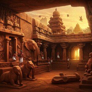 A majestic ancient Indian architectural scene featuring the iconic Pallava-style rock-cut temples of Mahabalipuram illuminated by golden sunset light. In the foreground, intricate stone carvings of lions and elephants emerge from red granite. The main focus is a detailed cross-section of a cave temple with mandapas, showing master sculptors at work, their tools glinting with metallic highlights. Indian artisans in traditional 7th-century Pallava clothing are depicted carving elaborate reliefs. The scene includes floating mandalas and sacred geometry patterns in glowing saffron and deep blue, merging with architectural elements. Ethereal light streams through the pillared halls, creating dramatic shadows. Ancient mathematical and architectural tools are scattered around, rendered in gold. The background shows a stylized landscape with multiple cave temples in various stages of completion. Art style combines hyperrealistic architectural details with mystical Madhubani patterns, featuring a color palette of deep maroon, sandstone orange, gold, and peacock blue. The scene is framed by ornate Pallava-era decorative motifs and sculptural elements floating in space.