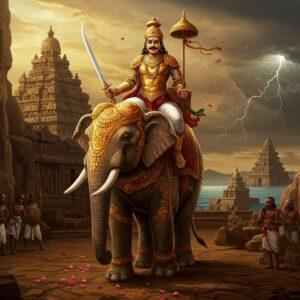 A majestic scene depicting Pallava King Mahendravarman I in intricate golden armor with traditional Tamil warrior elements, standing atop an ornate elephant adorned with royal regalia. He holds a gleaming sword in one hand and a royal seal in another. The background shows the magnificent rock-cut temples of Mahabalipuram with detailed architectural elements in soft golden light. On one side, there's a dramatic battle scene with soldiers wielding traditional weapons, while the other side shows artisans carving temple sculptures, representing his patronage of arts. The scene incorporates Pallava-era symbols and motifs, with intricate mandala patterns in deep maroon and peacock blue. The lighting is dramatic with warm golden hues highlighting the king's figure. The art style merges traditional Pattachitra techniques with modern digital art aesthetics, featuring rich textures and elaborate details. Floating lotus petals and subtle spiritual symbols add a mystical quality. The composition should include the iconic Shore Temple silhouette in the distance, with storm clouds gathering above, symbolizing the political turbulence of his reign.