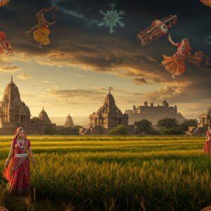 A panoramic vista of the Malwa Plateau at golden hour, featuring ancient Paramara-style temples with intricate carved spires emerging from lush green fields of wheat and soybean. In the foreground, a beautifully detailed traditional Malwa woman in vibrant chanderi saree with characteristic Malwa turban-style head drape, adorned with silver jewelry, walking through the field. The middle ground shows the iconic Mandu fort silhouetted against a dramatic sky with monsoon clouds. The landscape includes the distinctive black soil terrain with subtle color transitions from deep brown to golden. Scattered throughout are elements of Malwa culture - intricate Bagh print fabric patterns floating like ethereal ribbons, traditional musical instruments like the pungi and percussion drums, and Nimadi folk dancers in flowing costumes frozen in graceful motion. The scene is rendered in a fusion of Madhubani and modern digital art style, with rich jewel tones of deep indigo, terracotta red, and marigold yellow. Ethereal glowing mandalas and sacred geometry patterns overlay the sky, while delicate lotus motifs frame the corners. The lighting creates a mystical atmosphere with soft golden rays filtering through the clouds, highlighting the ancient architecture and creating long shadows across the plateau's undulating terrain, 8k resolution, highly detailed, cinematic lighting.