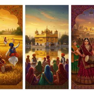 A stunning triptych composition showcasing three distinct Punjabi scenes side by side, separated by ornate golden borders with Phulkari patterns. Left panel (Malwa): vast golden wheat fields with farmers performing Bhangra, wearing colorful kurta-pajamas and traditional pagris, with distinctive Malwai turban style. Center panel (Majha): majestic view of the Golden Temple with its reflection in the sarovar, surrounded by devotees in traditional Majha dress, women wearing distinctive Majha-style Phulkari dupattas in deep maroon and royal blue. Right panel (Doaba): prosperous scene with modern buildings blending with traditional architecture, NRI influence visible through fusion attire, women wearing rich Doaba-style jewelry and parandi hair accessories. Each panel features region-specific musical instruments - algoza in Malwa, dhol in Majha, and tumbi in Doaba. The lighting is ethereal with golden hour glow, creating a dreamlike atmosphere. Art style combines traditional Punjabi miniature painting techniques with modern digital art, using rich colors like saffron, deep blue, emerald green, and gold. Intricate details in jewelry, architecture, and clothing patterns. The overall composition flows seamlessly between panels while highlighting distinct regional characteristics.
