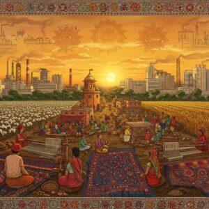 A panoramic vista of Malwa region's industrial landscape at golden hour, featuring traditional textile workers weaving vibrant Maheshwari sarees in the foreground using intricate Madhubani-style patterns. Behind them, modern pharmaceutical plants and soybean processing facilities rise against the horizon. The scene is framed by cotton fields on one side and modern IT parks on the other, with their glass facades reflecting the sunset. Worker wearing traditional Indian attire operate modern machinery, symbolizing the blend of tradition and progress. The color palette includes deep indigo of textiles, golden wheat fields, and the warm terracotta of local architecture. Ethereal light streams through factory windows, creating a mystical glow. The sky features stylized mandala patterns in soft gold and saffron, representing prosperity. In the middle ground, bustling bazaars with spice traders and textile merchants conduct business in traditional style. The composition follows Pattachitra art style with intricate borders and detailed storytelling elements. Photorealistic rendering with subtle surreal elements, emphasizing both industrial progress and cultural heritage.