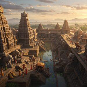 A majestic aerial view of ancient Manyakheta during its golden age, featuring grand Dravidian-style stone temples with intricate carvings and towering gopurams decorated with gold. The foreground shows a bustling royal courtyard with elaborately dressed Rashtrakuta nobles in rich silk garments and golden jewelry. The scene is illuminated by warm sunset light, casting long shadows across detailed stone sculptures and carved elephants. Multiple levels of architecture cascade down hillsides, with water channels and stepped tanks reflecting golden light. Ornate trade caravans with spices and silk visible in the middle ground. The art style combines traditional Chalukyan temple architecture patterns with modern digital art techniques, featuring rich colors of deep maroon, royal blue, and burnished gold. Ethereal light streams through temple windows, creating a mystical atmosphere. The scene includes delicate Kannada architectural motifs, blooming lotus pools, and distant mountains in a dreamy haze. Highly detailed in 8k resolution, cinematic composition, hyper-realistic texturing with magical lighting.