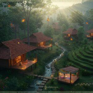 A mesmerizing aerial view of a luxurious eco-retreat nestled in Marayur's sandalwood forests, featuring traditional Kerala-style architecture with sloped terracotta roofs and wooden elements, surrounded by misty mountains. The retreat compound includes elegant tree houses elevated among ancient sandalwood trees, connected by wooden walkways with warm glowing lanterns. A natural stream flows through the property with stepping stones, while morning sunlight filters through the canopy creating golden rays. In the foreground, a spacious yoga deck overlooks terraced jaggery plantations. The scene includes subtle details like butterflies, endemic birds, and blooming kurinji flowers. The color palette combines earth tones with deep greens and soft morning mist blues. Art style merges photorealistic architecture with ethereal lighting and Madhubani-inspired decorative elements in the borders. The atmosphere captures both luxury and natural serenity, with a dreamy, mystical quality enhanced by soft fog and dew drops glistening in the morning light.