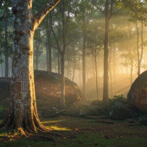 A mystical dense sandalwood forest at dawn, with towering ancient trees casting long shadows, their trunks glowing with rich golden-brown hues. In the foreground, a majestic white sandalwood tree with intricate Madhubani-style patterns on its bark stands illuminated by soft morning light. Ancient rock formations peek through the forest, adorned with vibrant prehistoric cave paintings in ochre, white, and deep red depicting hunting scenes and tribal life. The paintings follow authentic Marayur cave art styles with geometric patterns and stick figures. Ethereal morning mist weaves between the trees, creating a dreamy atmosphere. Rays of sunlight pierce through the canopy, creating golden god rays. The scene features a subtle color palette of deep greens, earthy browns, and warm golds, with pops of the cave painting colors. Small streams of aromatic sandalwood resin glisten on tree barks. In the distance, the blue Munnar hills fade into the horizon. Photorealistic digital art style merging with traditional Indian art elements, emphasizing the spiritual and historical significance of the location.