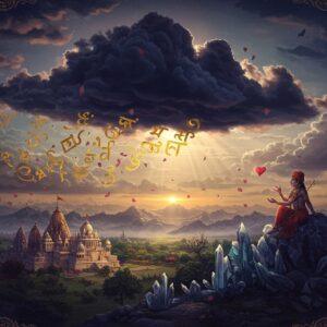 An ethereal scene depicting a majestic dark cloud messenger floating across a mystical Indian sky, rendered in a fusion of Madhubani and digital art styles. The cloud takes the form of a celestial being with wisps of deep indigo and purple, carrying golden Sanskrit letters that transform into various world scripts as they trail behind. Below, a detailed landscape shows the ancient city of Ujjain with ornate temples and gardens in miniature Pattachitra style. A lovesick Yaksha figure in traditional Indian attire sits contemplatively on a crystal mountain peak, reaching toward the cloud. The scene is illuminated by a soft, supernatural glow, with floating lotus petals and peacock feathers. Multiple translucent layers of the same scene appear in different artistic styles, representing different translations, each with its distinct color palette - from rich maroons to deep peacock blues. Intricate mandala patterns frame the corners, seamlessly blending traditional motifs with modern digital elements. The atmosphere suggests both melancholy and hope, with golden light breaking through cloud formations.