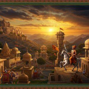 A majestic panoramic view of Chittorgarh Fort at sunset, with its towering victory towers silhouetted against a dramatic sky painted in deep saffron and royal blue. In the foreground, a proud Rajput warrior king (wearing traditional armor, turban with kalgi, and wielding a curved sword) sits atop a rearing white horse. Behind him, intricate Rajasthani architectural details merge with flowing Madhubani-style patterns. The scene includes detailed elements of Mewar's history: lotus-shaped water bodies, ornate marble pavilions, and delicate jharokhas. Multiple layers of mountains fade into the distance, created in the style of traditional Rajasthani miniature paintings but with modern digital rendering. Flying saffron flags with the sun symbol of Mewar dynasty wave in the wind. The lighting creates a golden hour effect with rays of sun breaking through clouds, illuminating the ancient stone structures. In the mid-ground, small details of palace life are visible: royal elephants with decorated howdahs, soldiers in formation, and intricate geometric gardens. The entire scene is framed with traditional Rajasthani border patterns in gold and deep maroon, featuring peacock motifs and royal emblems.