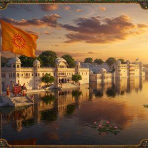 A majestic aerial view of Udaipur's City Palace complex reflecting in Lake Pichola during golden sunset, with the royal flag of Mewar (saffron with Sun God motif) billowing prominently in the foreground. The palace architecture features intricate Rajasthani details, marble domes, and ornate jharokhas rendered in Phad art style with digital enhancement. The scene includes traditional Rajasthani elements like decorated elephants with howdahs near the palace steps, and royal guards in traditional attire. The water reflects the palace creating a mirror image, with lotus flowers dotting the lake. The sky features stylized clouds in deep oranges and purples, with peacocks perched on palace domes. The entire scene is framed by an ornate border inspired by Mewar miniature paintings, featuring traditional geometric patterns in gold and royal blue. The lighting emphasizes the golden hour glow, casting long shadows and highlighting the white marble architecture. The style combines hyperrealistic architectural details with traditional Indian art elements, creating a rich, detailed composition that captures Mewar's royal heritage.