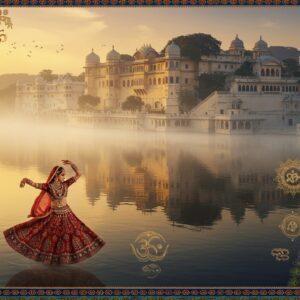 A majestic aerial view of Udaipur City Palace emerging from a mystical golden mist, reflecting in Lake Pichola during sunrise. The palace architecture features intricate Rajasthani jharokhas, ornate domes, and detailed marble work, all rendered in rich jewel tones of royal blue, deep saffron, and burgundy. In the foreground, a graceful Indian woman in a traditional Rajasthani lehenga with gota patti work performs the Ghoomar dance, her clothing flowing in circular patterns like a blooming lotus. The scene is framed by detailed Rajasthani miniature painting style borders featuring peacocks, elephants, and traditional geometric patterns. Floating mandalas and spiritual symbols in gold leaf accent the composition. The lighting is ethereal with soft rays filtering through morning mist, creating a dreamlike atmosphere. The water reflects the palace like a mirror, with subtle ripples creating a magical effect. Art style combines hyperrealistic architectural details with stylized traditional Rajasthani miniature painting elements, rendered in a modern digital aesthetic with rich textures and atmospheric lighting.