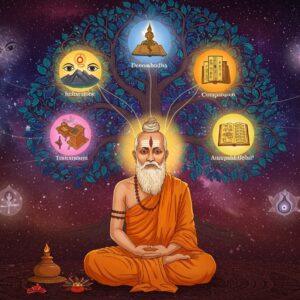 A serene Indian sage in ochre robes seated in padmasana against a cosmic background, his head illuminated by six glowing spheres representing different pramanas (sources of knowledge). Each sphere contains distinct symbolic imagery: direct perception (eyes), inference (smoke rising from mountains), comparison (similar golden objects), testimony (ancient Sanskrit manuscripts), arthapatti (moonlight revealing night), and anupalabdhi (empty space). The sage's third eye radiates golden light, connecting to each sphere through ethereal threads. Behind him, a massive Madhubani-style tree of knowledge with intricate patterns in deep indigo and gold, its branches forming neural pathway-like connections. Floating crystal prisms refract light into rainbow patterns, representing the multiple ways of knowing. The scene is rendered in a fusion of traditional Pattachitra art and modern digital aesthetics, with a color palette of deep maroon, burnished gold, and celestial blue. Sacred geometry patterns and mandalas float in the background, creating layers of depth. Soft glowing orbs of light illuminate the composition while sanskrit symbols dissolve into cosmic dust at the edges.