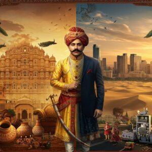 A majestic split-screen composition showing ancient and modern Rajasthan seamlessly blending - on the left, a grand Rajasthani palace with intricate Rajput architecture, ornate jharokhas, and detailed sandstone carvings in warm golden hues; on the right, a modern cityscape with glass buildings reflecting desert sunset. In the center, a regal Indian maharaja in traditional attire (complete with turban, jewels, and sword) morphs into a modern businessman in a suit. The foreground features traditional handicrafts (pottery, textiles) transforming into modern industrial products. The sky shows a gradient from vintage sepia to vibrant contemporary colors, with peacocks flying across. Desert landscape transitions from ancient sand dunes to modern highways. Intricate Rajasthani folk art patterns and motifs frame the entire scene, with delicate mehndi-style designs flowing throughout. Lighting creates a dramatic golden hour effect. Style combines traditional Rajasthani miniature painting techniques with modern digital art aesthetics, hyperrealistic details, deep rich colors of maroon, royal blue, and gold.
