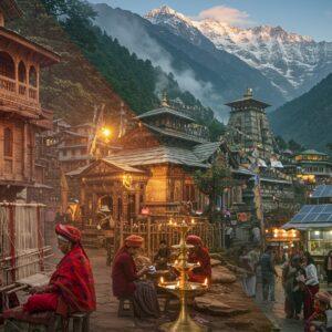 A stunning panoramic view of a Himachali village nestled in the snow-capped Himalayas, split diagonally into traditional and modern elements. On one side, traditional wooden architecture with intricate carved details, elderly women in Kullu shawls and traditional headgear weaving on traditional looms. On the other side, modern glass-and-wood cafes, young locals in fusion wear (traditional Himachali caps with modern clothing), using smartphones. The center features a magnificent ancient temple with detailed wood carvings, surrounded by both prayer flags and modern solar panels. In the foreground, a local marketplace shows traditional handicrafts alongside modern tourist souvenirs. The scene is illuminated by both traditional brass diyas and modern streetlights, creating a magical golden glow. Art style combines traditional Pahari miniature painting techniques with modern digital art, using rich colors like deep maroon, forest green, and gold, with intricate patterns and mandalas subtly woven into the landscape. Ethereal mist swirls through the scene, merging the traditional and modern elements. The atmosphere is serene yet dynamic, with a soft, dreamy quality enhanced by glowing lights and subtle lens flares.