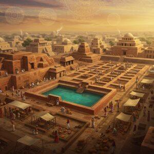 A stunning aerial view of Mohenjo-daro at golden hour, combining archaeological accuracy with ethereal lighting. The Great Bath gleams with turquoise water in the center, surrounded by precise grid-pattern streets in warm terracotta tones. Multi-story brick buildings with detailed drainage systems visible, adorned with intricate Indus Valley motifs. Citizens in traditional Indus Valley clothing (dhoti-style garments) walking through the well-planned streets. Visible granaries and public buildings with characteristic burnt brick architecture. Soft, glowing mandalas floating in the sky, casting divine light on the city. The scene features rich, deep colors - burnt sienna, peacock blue, and golden ochre. Small smoke wisps rise from copper workshops, while water carriers with earthen pots move along the streets. In the foreground, a detailed marketplace with traders exchanging beads, pottery, and copper tools. The art style merges photorealistic archaeological details with mystical Madhubani-inspired patterns in the sky and structures. Ethereal lighting emphasizes the advanced engineering of water systems and street grids. The entire scene is framed by stylized lotus motifs and ancient Indus Valley seals floating in the corners.