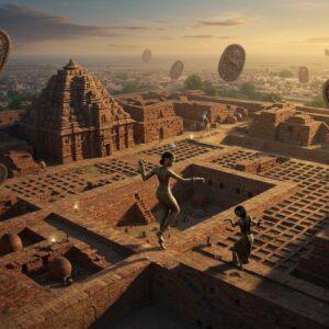 A majestic aerial view of Mohenjo-daro's Great Bath and surrounding cityscape at golden hour, with intricate brick structures in perfect geometric grid patterns. The scene features detailed archaeological elements like the granary, detailed drainage systems, and well-planned streets in isometric perspective. In the foreground, a beautifully detailed bronze dancing girl statue comes to life, wearing traditional Indus Valley jewelry and bangles, her pose dynamic and graceful. The environment is enhanced with ethereal, glowing light that casts long shadows across the ancient brick structures. Mysterious seals with unicorn motifs and ancient Indus script float in the air, creating a mystical atmosphere. The color palette includes rich terracotta reds, warm sandstone yellows, and deep indigo blues of twilight sky. The art style combines hyperrealistic architectural details with magical surrealism, incorporating Madhubani-inspired patterns in the brick textures. Subtle smoke wisps from ancient pottery kilns add depth and atmosphere. The scene is framed by stylized lotus motifs in corners, merging ancient Indus Valley aesthetics with modern digital art techniques.