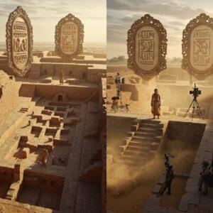 A stunning aerial view of ancient Mohenjo-daro's Great Bath complex seamlessly transitioning into a modern film set, with ornate bronze mirrors reflecting both past and present. The left side shows the original archaeological site with its precise grid-layout streets, sun-baked brick architecture, and the iconic Great Bath in intricate Indus Valley style. The right side transforms into a cinematic set with dramatic lighting, cameras, and contemporary film equipment. In the center, a beautiful Indian actress in authentic Indus Valley costume (bronze jewelry, woven cotton dress) stands on an ornate stone stairway that bridges both worlds. The scene features rich earth tones (terracotta, bronze, sand) contrasting with modern metallic highlights. Floating above are ethereal projections of iconic Indus Valley seals and symbols, creating a mystical atmosphere. The lighting creates a golden hour effect, with dust particles catching the light cinematically. The art style combines hyperrealistic archaeological accuracy with Madhubani-inspired decorative patterns in the borders and motifs. The overall composition suggests the meeting of ancient wisdom with modern storytelling, rendered in high-detail digital art with subtle Indian artistic influences.