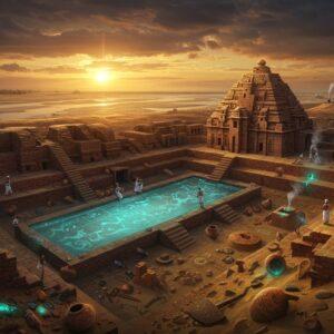 A majestic aerial view of Mohenjo-daro's ruins at sunset, with the Great Bath in the foreground filled with ethereal, glowing blue water. Ancient Indian figures in traditional Indus Valley clothing cast long shadows across the brick structures. The sky features a dramatic mix of deep oranges and stormy grays, with ominous clouds gathering above. In the background, the Indus River appears to be changing course, with one part becoming dry and barren while flooding threatens another. Detailed archaeological artifacts like broken pottery, seals with unicorn motifs, and copper tools lie scattered in the foreground, partially buried in sand. The scene is illuminated by a combination of golden sunset light and mysterious blue-green bioluminescent elements. The art style combines hyperrealistic architectural details with mystical Madhubani-inspired patterns in the sky and water. The color palette includes weathered terracotta, deep indigo, burnished copper, and sand gold. Small wisps of smoke rise from various points, suggesting abandonment, while subtle geometric patterns from Indus Valley seals are incorporated into the texture of the ruins.